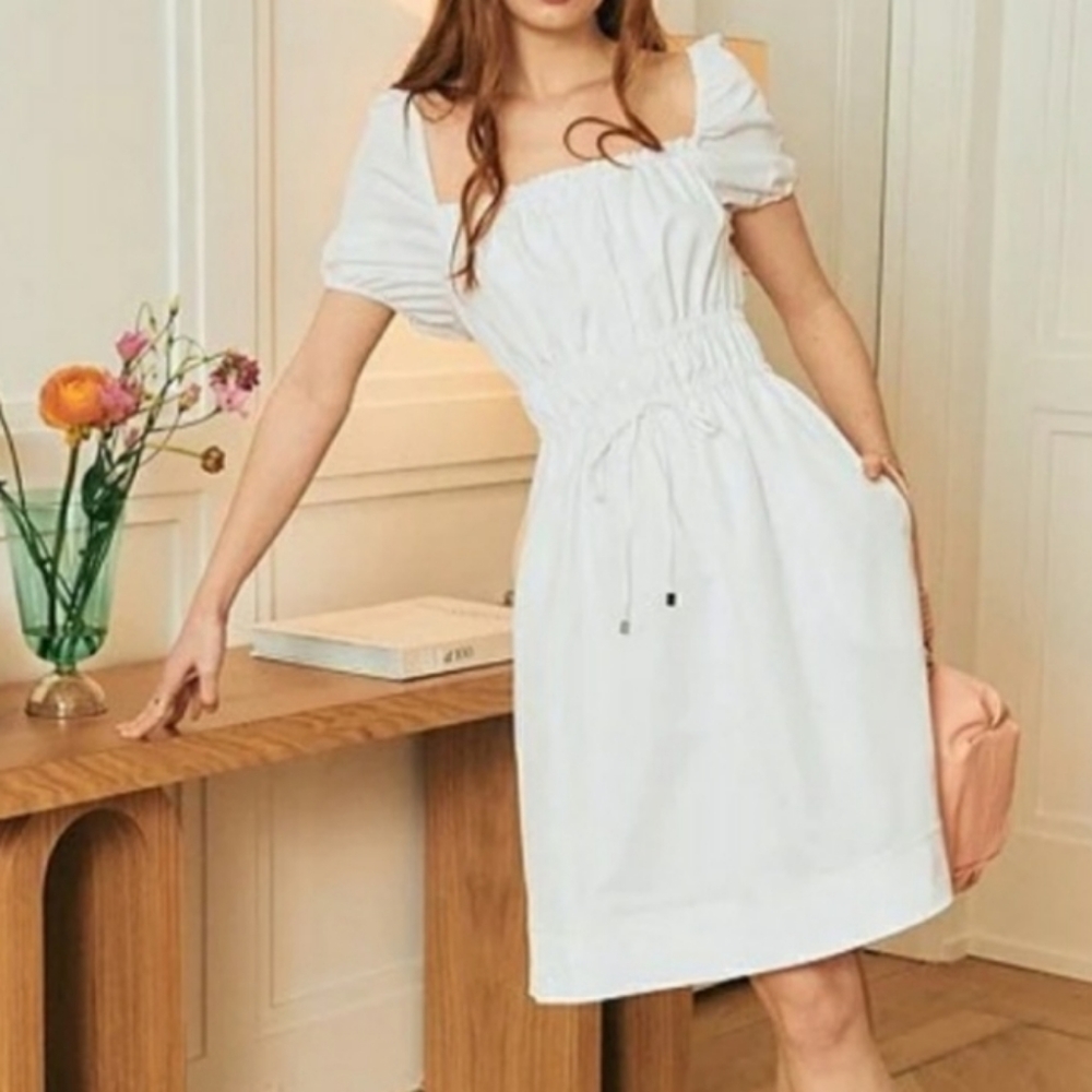 LDT Claire Square Neck Smocked Short Puffed Sleeve Drawstring Front Dress